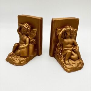 Toyo Bookends Vintage Gold Cherub Angel 7.5in Heavy Plaster Set